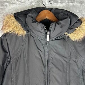 Womens Black Puffer Coat Jacket Faux Fur Trimmed Hooded Winter medium